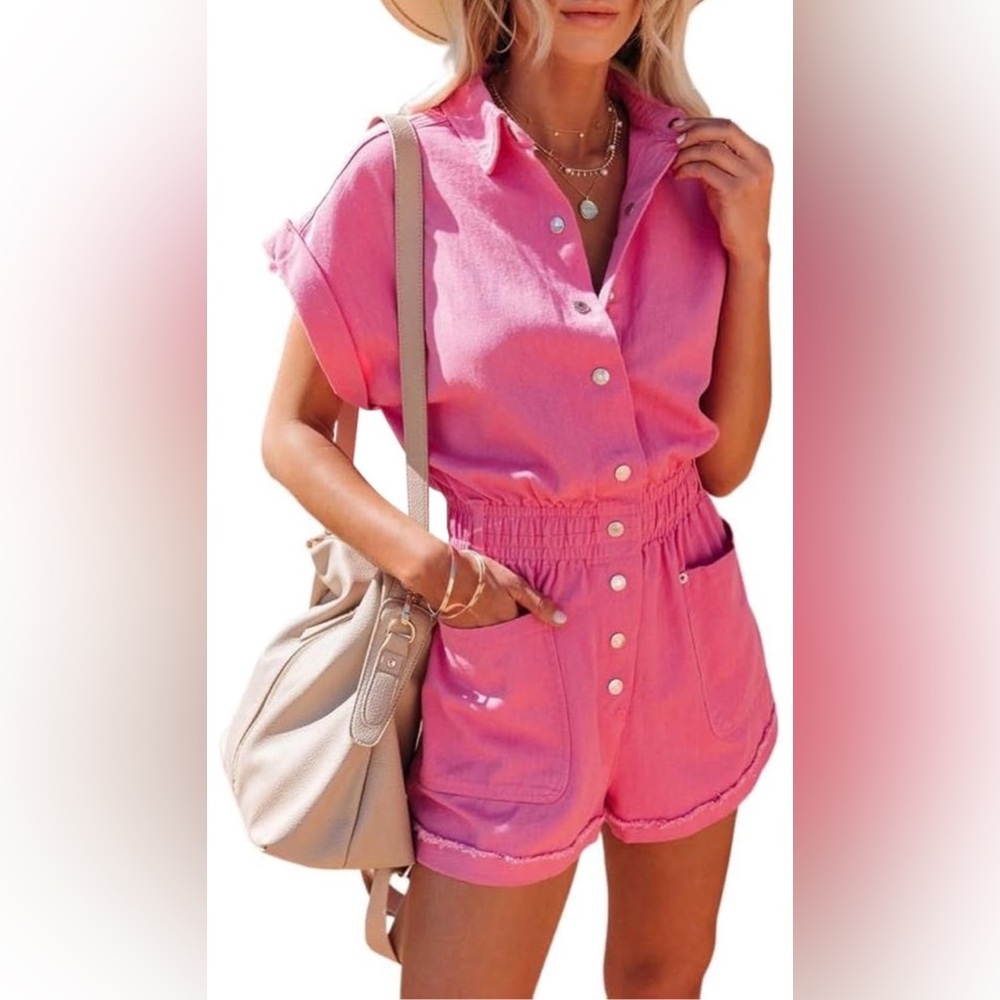 chouyatou Short Cuffed Sleeve Utility Elastic Waist Button Down Cotton Pocketed